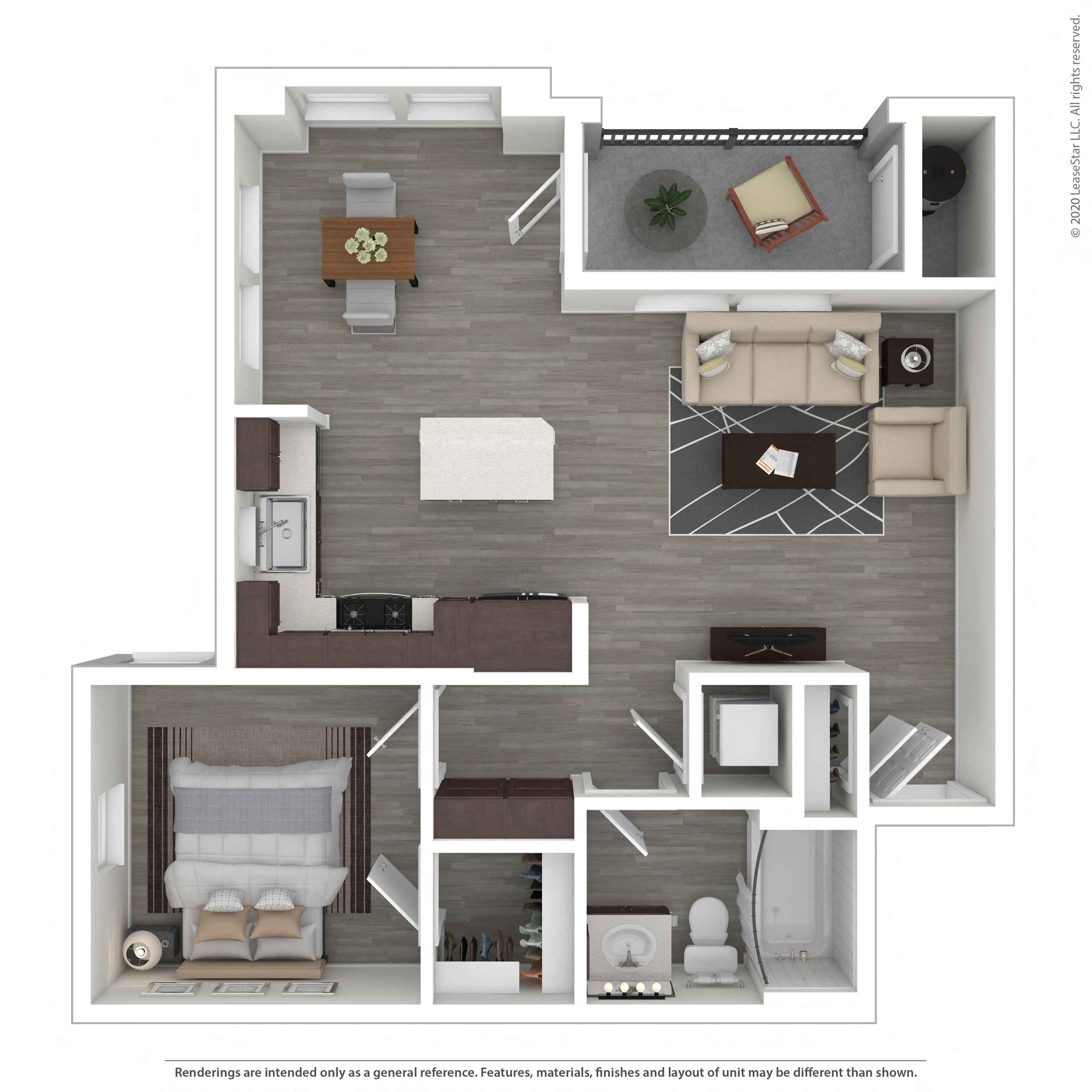 Floor plan for 1 bed, 1 bath, 732 sqft